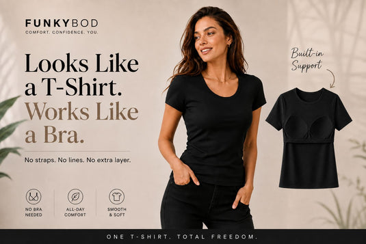 Woman wearing a black Funkybod T-shirt with built-in bra support