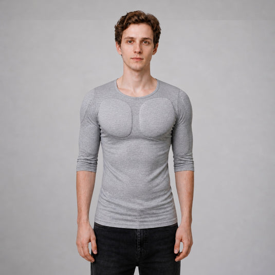 Man after wearing a Funkybod body-shaping undershirt