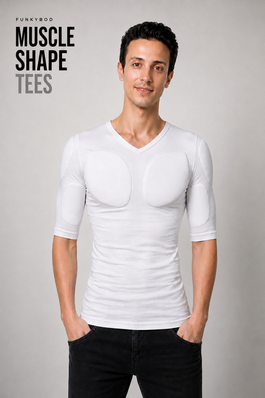Man wearing a white Funkybod muscle-shaping T-shirt